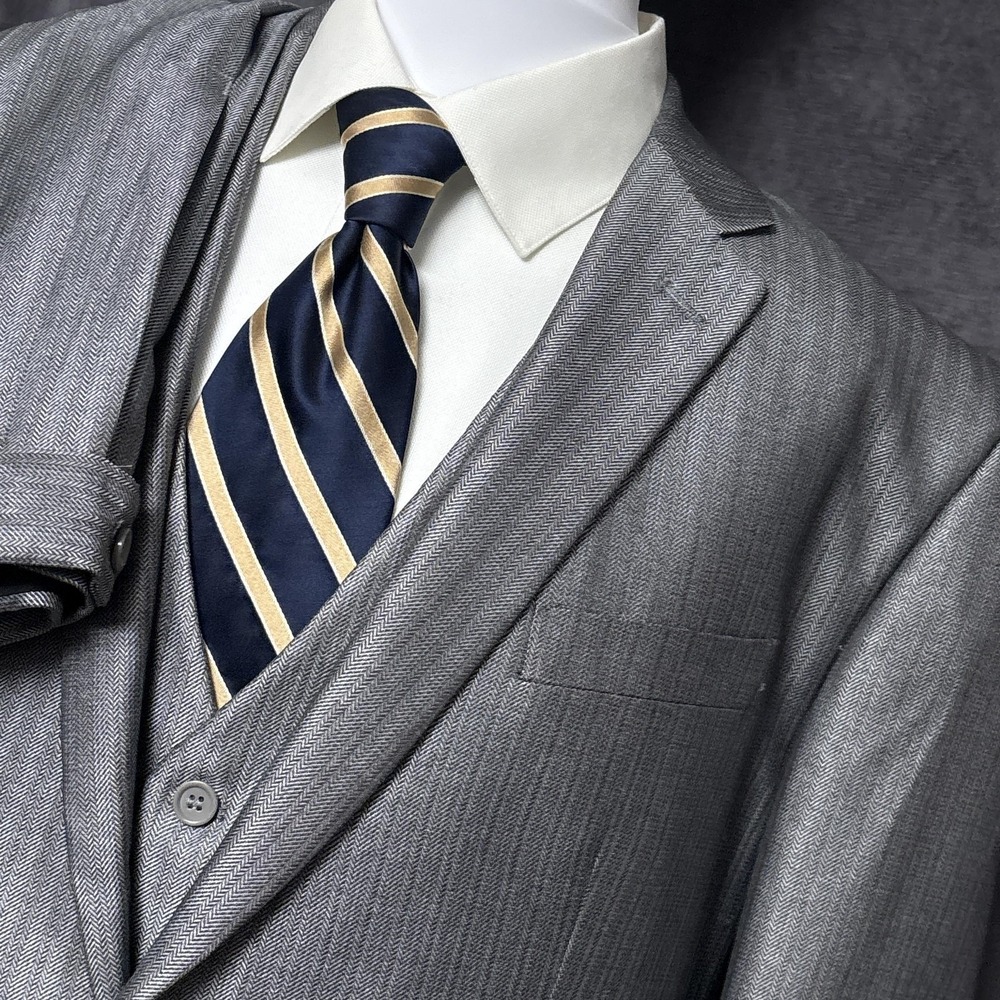 Tessori Suit 44L 43x36 Silver‎ Herringbone 3 Piece Handmade Custom Italy Tall